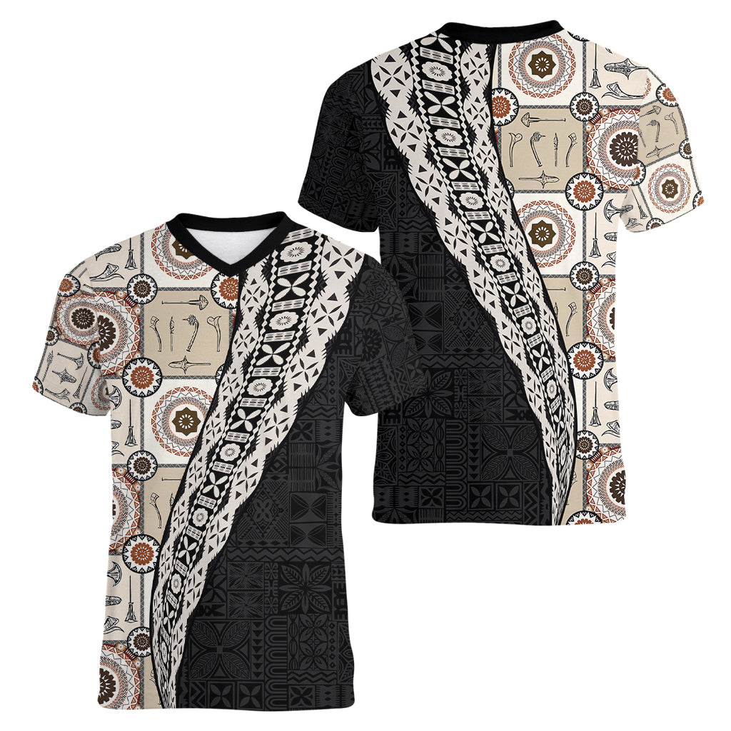 Tukenny Pattern Fijian War Clubs Mix Tapa Tribal Women V Neck T Shirt LT03 - Polynesian Pride