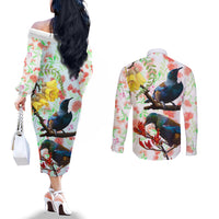 New Zealand Pohutukawa Tui Bird Couples Matching Off The Shoulder Long Sleeve Dress and Long Sleeve Button Shirt Kowhai Version LT03 - Polynesian Pride