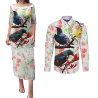 New Zealand Pohutukawa Tui Bird Couples Matching Puletasi and Long Sleeve Button Shirt Kowhai Version LT03 White - Polynesian Pride