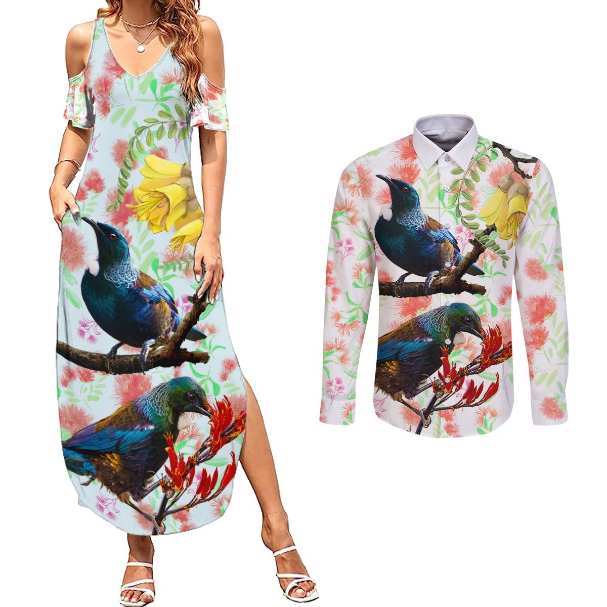 New Zealand Pohutukawa Tui Bird Couples Matching Summer Maxi Dress and Long Sleeve Button Shirt Kowhai Version LT03 White - Polynesian Pride