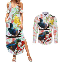 New Zealand Pohutukawa Tui Bird Couples Matching Summer Maxi Dress and Long Sleeve Button Shirt Kowhai Version LT03 White - Polynesian Pride