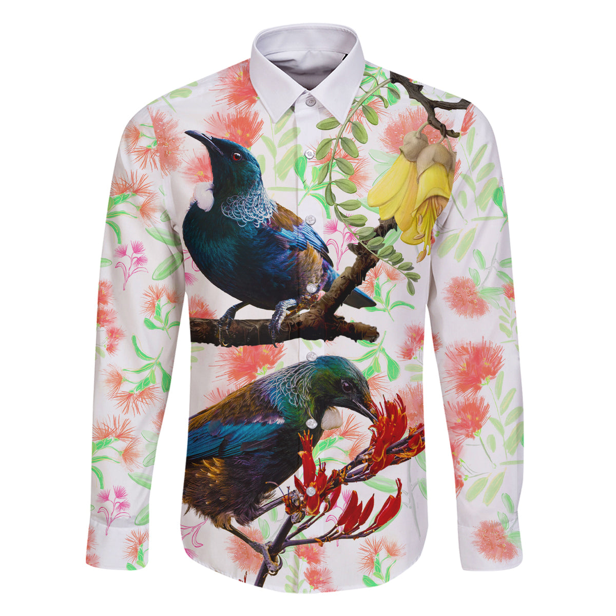 New Zealand Pohutukawa Tui Bird Family Matching Long Sleeve Bodycon Dress and Hawaiian Shirt Kowhai Version LT03 Dad's Shirt - Long Sleeve White - Polynesian Pride