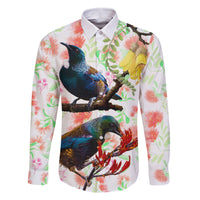 New Zealand Pohutukawa Tui Bird Family Matching Mermaid Dress and Hawaiian Shirt Kowhai Version LT03 Dad's Shirt - Long Sleeve White - Polynesian Pride