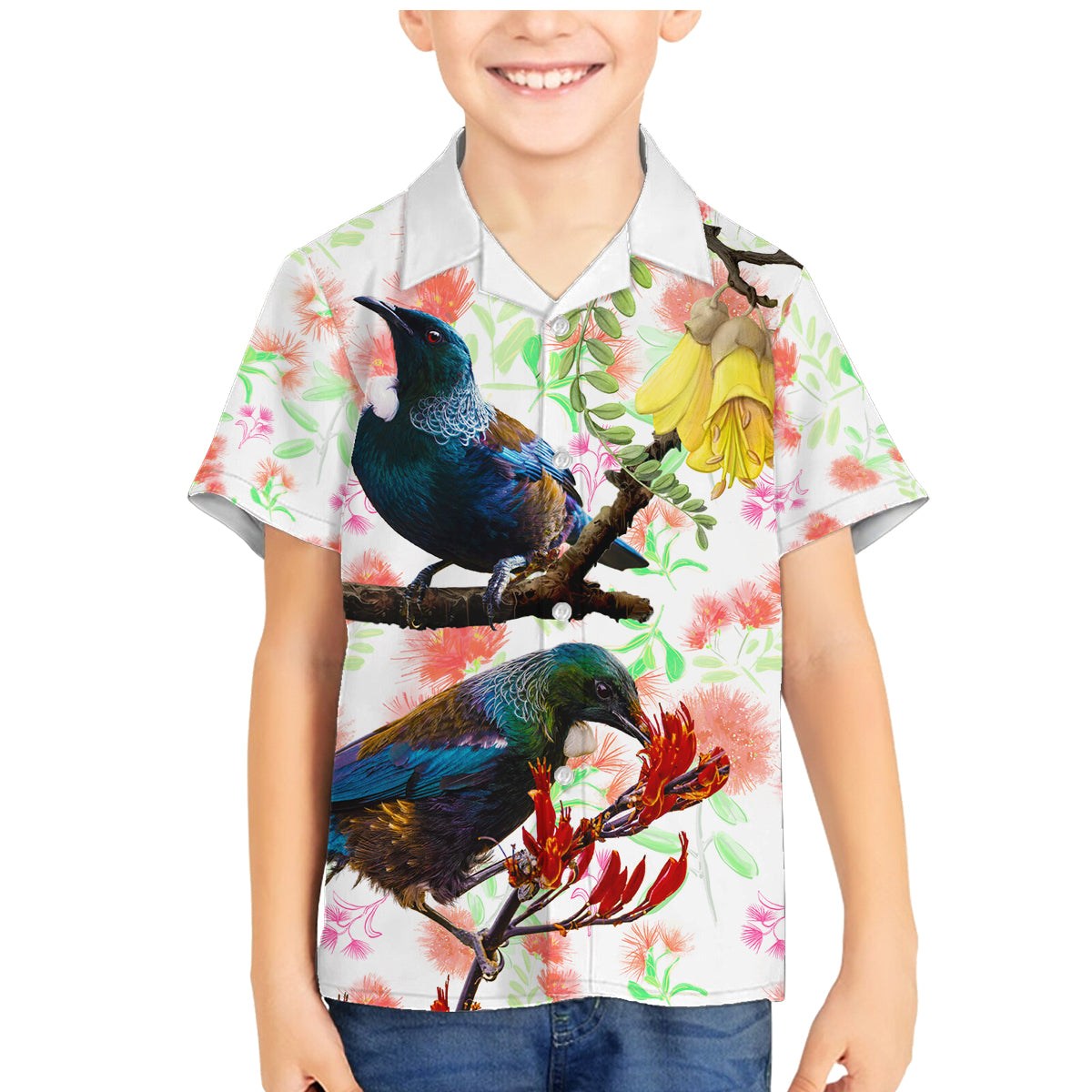 New Zealand Pohutukawa Tui Bird Family Matching Mermaid Dress and Hawaiian Shirt Kowhai Version LT03 Son's Shirt White - Polynesian Pride