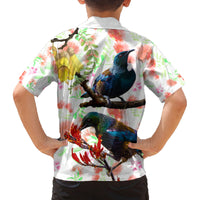 New Zealand Pohutukawa Tui Bird Family Matching Off Shoulder Short Dress and Hawaiian Shirt Kowhai Version LT03 - Polynesian Pride