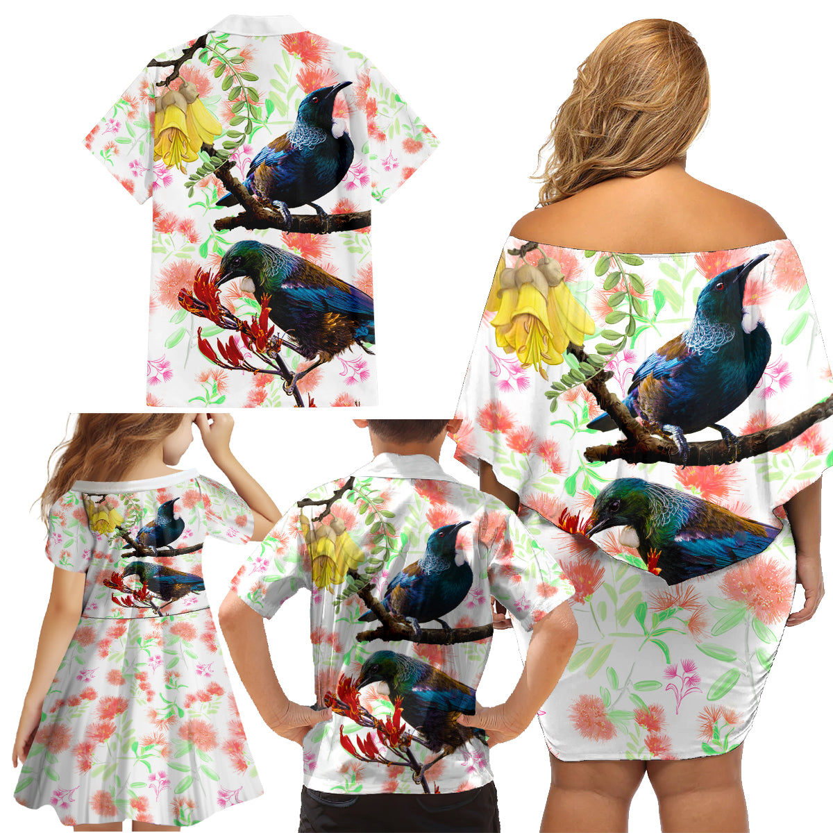 New Zealand Pohutukawa Tui Bird Family Matching Off Shoulder Short Dress and Hawaiian Shirt Kowhai Version LT03 - Polynesian Pride