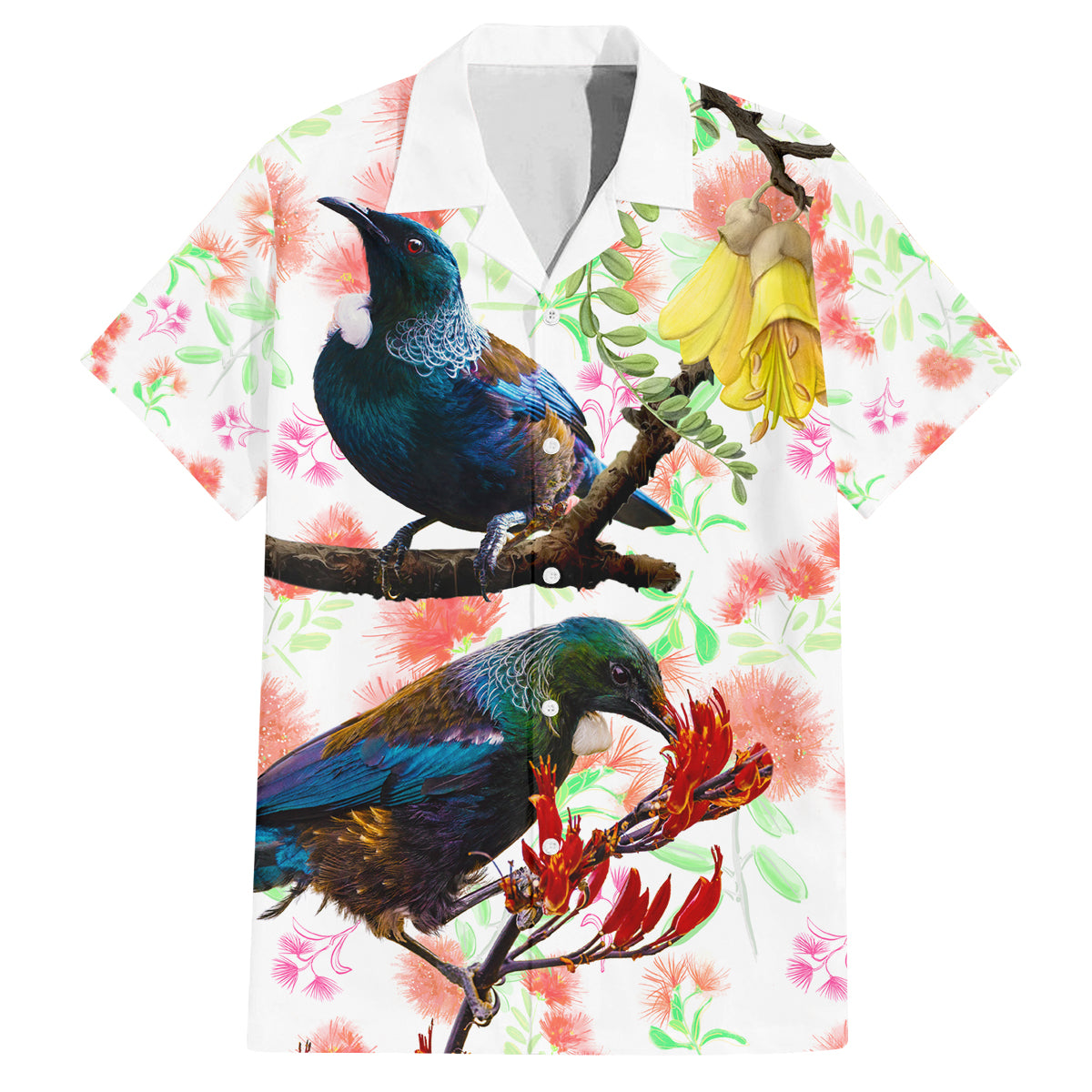 New Zealand Pohutukawa Tui Bird Family Matching Off Shoulder Short Dress and Hawaiian Shirt Kowhai Version LT03 Dad's Shirt - Short Sleeve White - Polynesian Pride