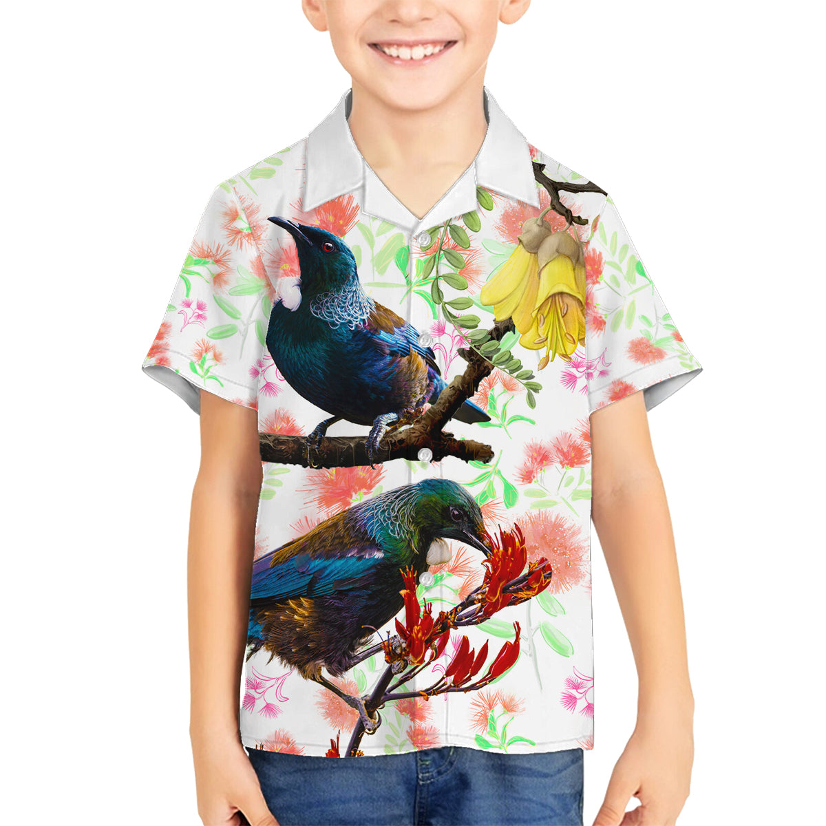 New Zealand Pohutukawa Tui Bird Family Matching Off Shoulder Short Dress and Hawaiian Shirt Kowhai Version LT03 Son's Shirt White - Polynesian Pride