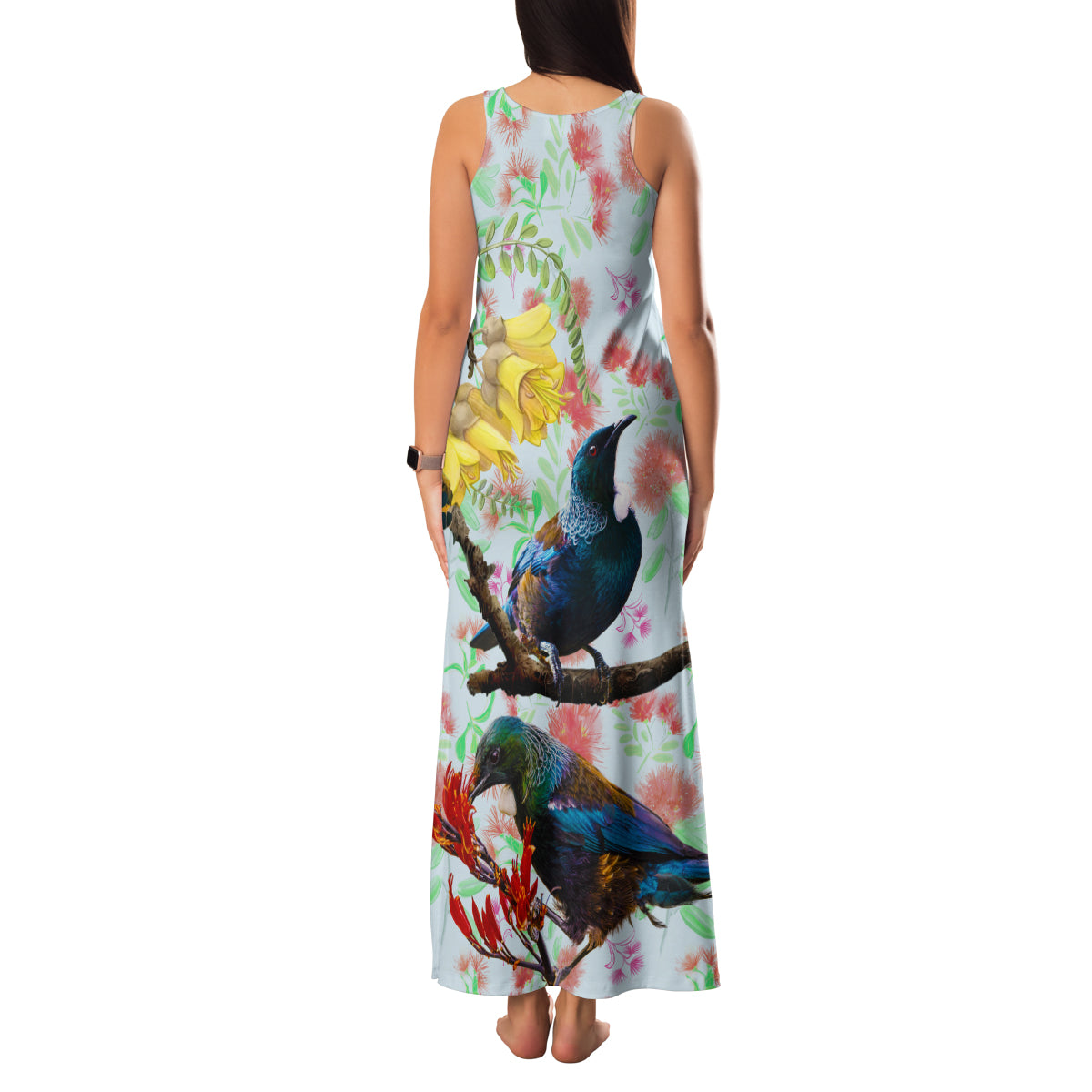 New Zealand Pohutukawa Tui Bird Family Matching Tank Maxi Dress and Hawaiian Shirt Kowhai Version LT03 - Polynesian Pride