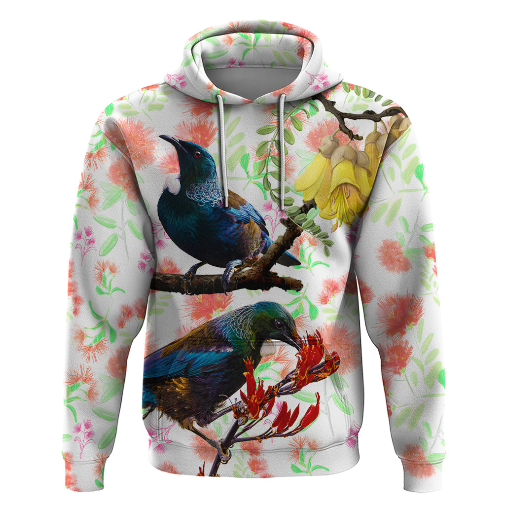 New Zealand Pohutukawa Tui Bird Hoodie Kowhai Version LT03 Pullover Hoodie White - Polynesian Pride