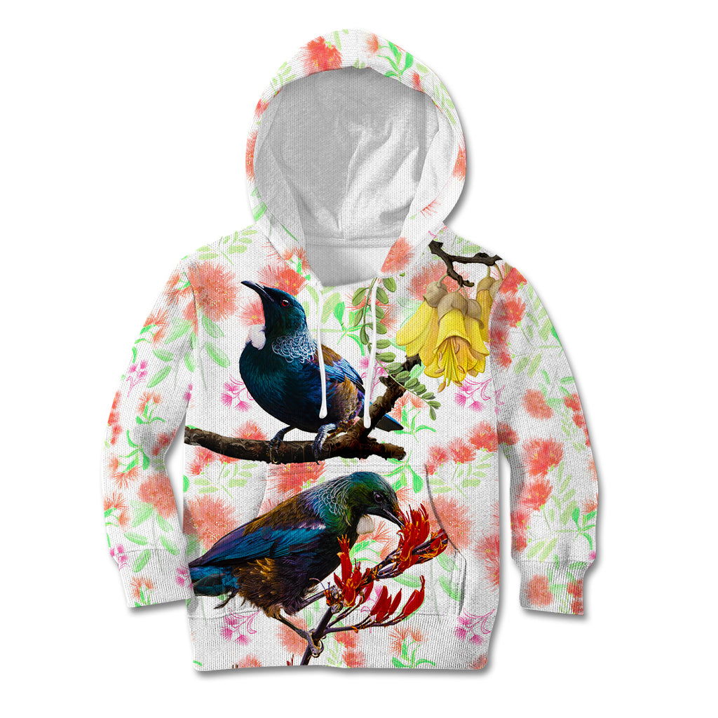 New Zealand Pohutukawa Tui Bird Kid Hoodie Kowhai Version LT03 Hoodie White - Polynesian Pride