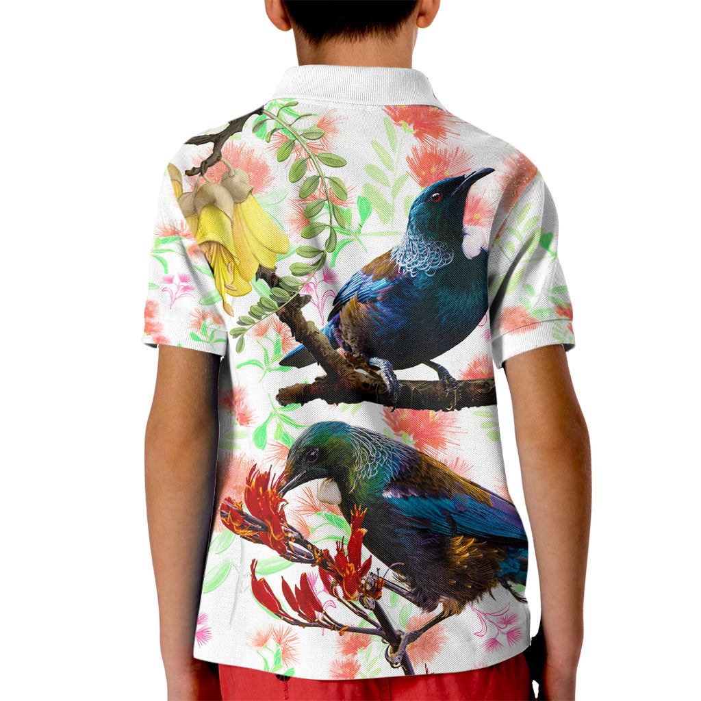 New Zealand Pohutukawa Tui Bird Kid Polo Shirt Kowhai Version LT03 - Polynesian Pride