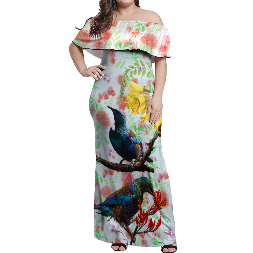 New Zealand Pohutukawa Tui Bird Off Shoulder Maxi Dress Kowhai Version LT03 Women White - Polynesian Pride