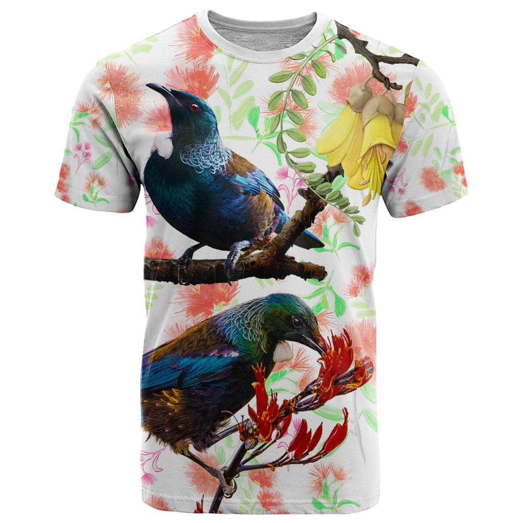 New Zealand Pohutukawa Tui Bird T Shirt Kowhai Version LT03 White - Polynesian Pride