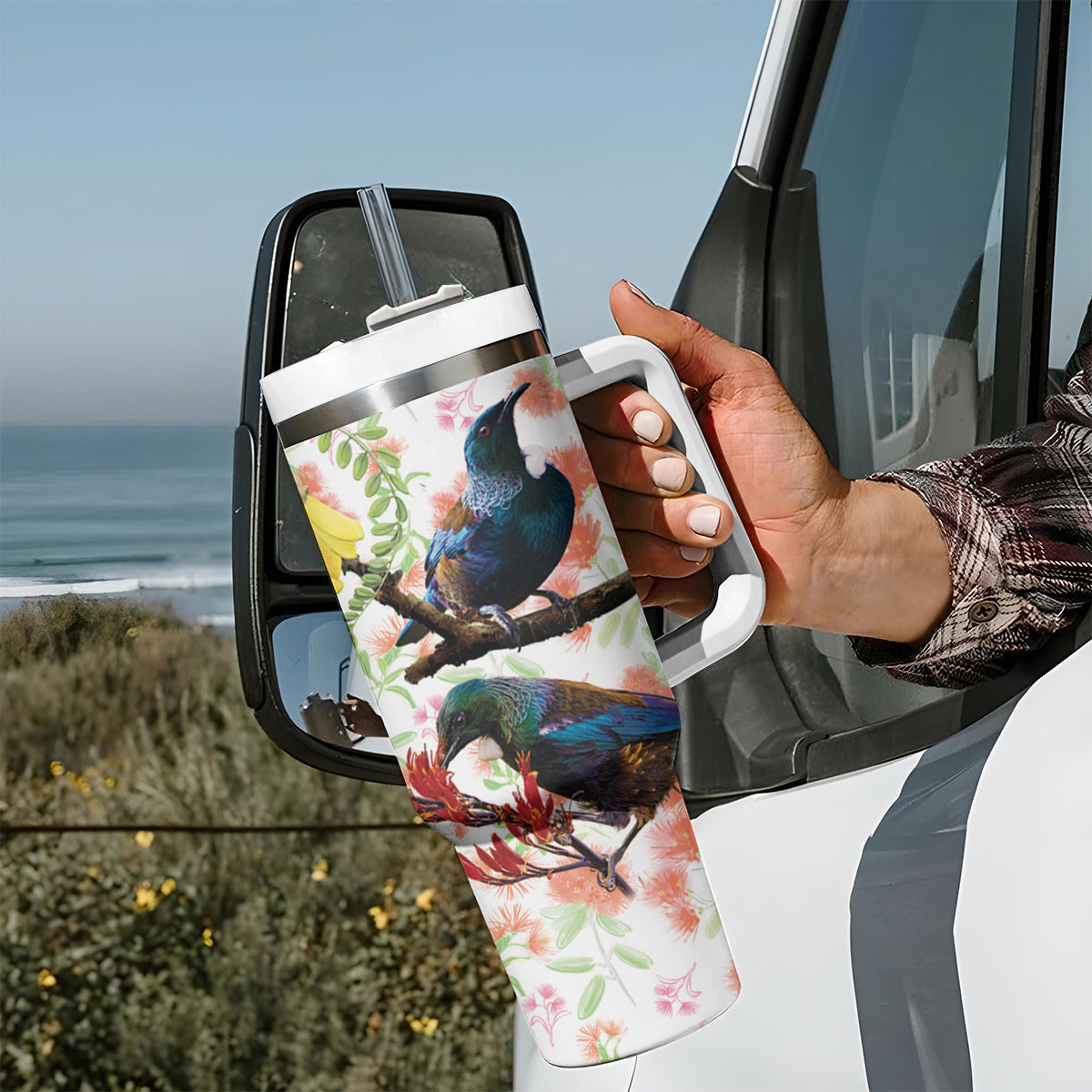 New Zealand Pohutukawa Tui Bird Tumbler With Handle Kowhai Version