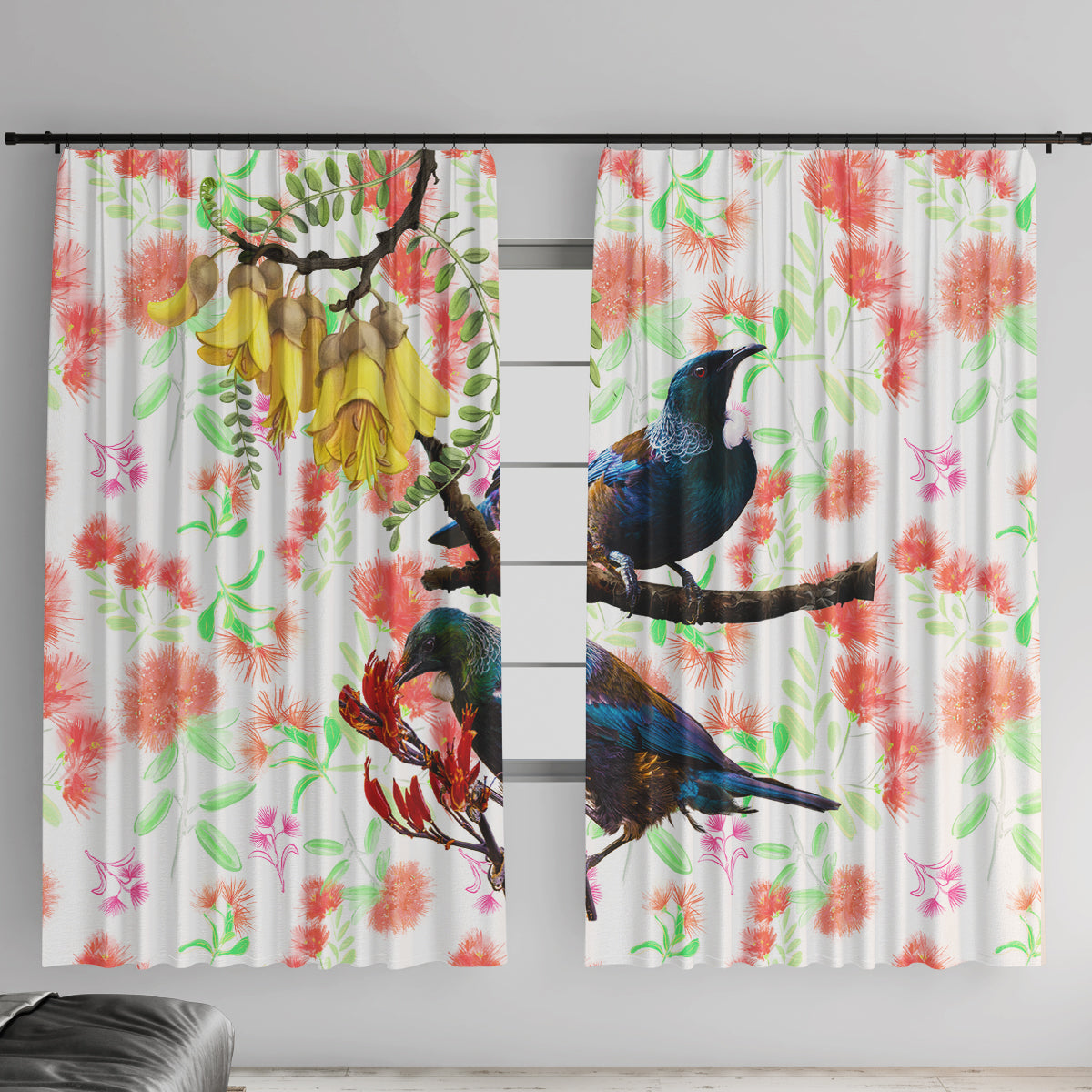 New Zealand Pohutukawa Tui Bird Window Curtain Kowhai Version LT03 With Hooks White - Polynesian Pride