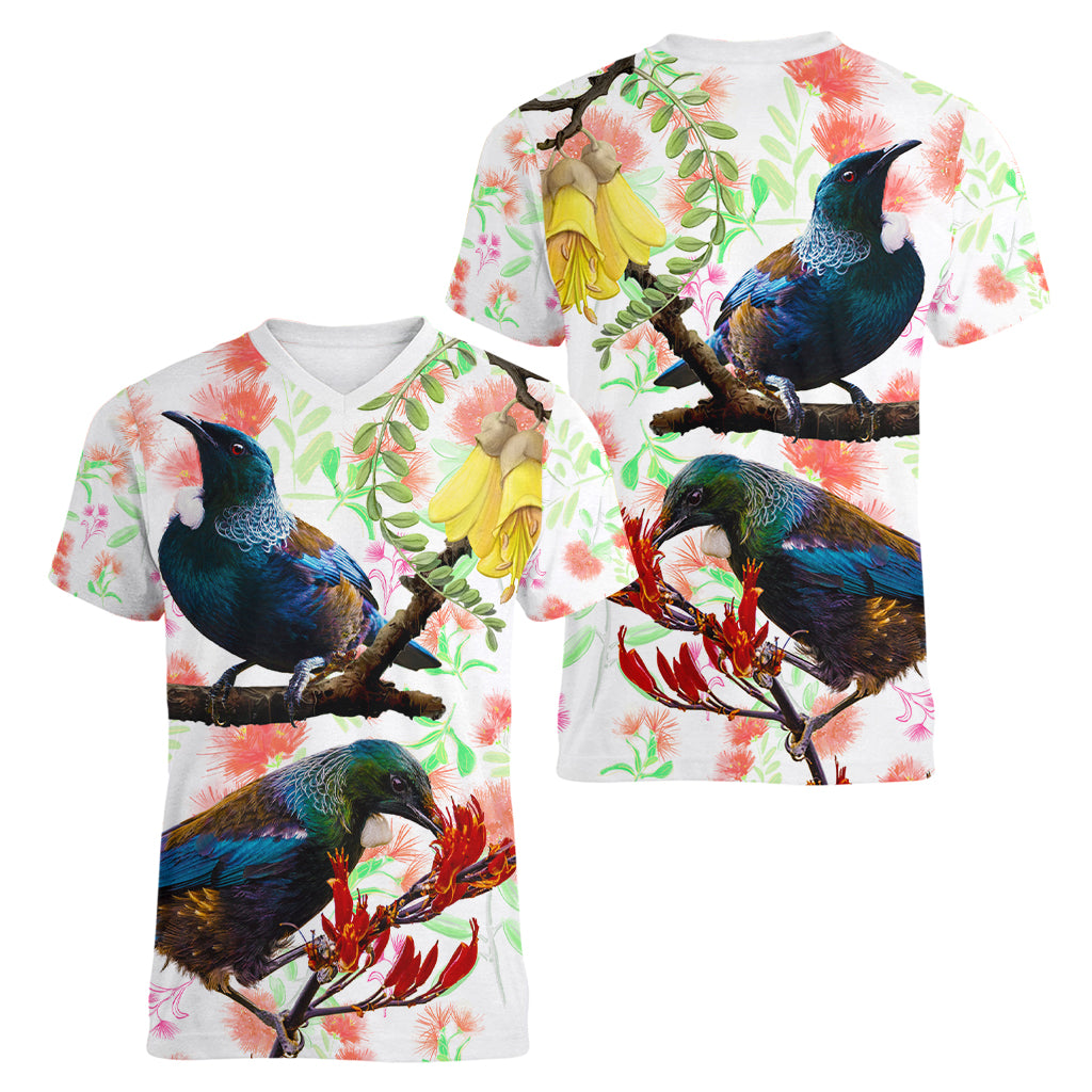 New Zealand Pohutukawa Tui Bird Women V Neck T Shirt Kowhai Version LT03 - Polynesian Pride