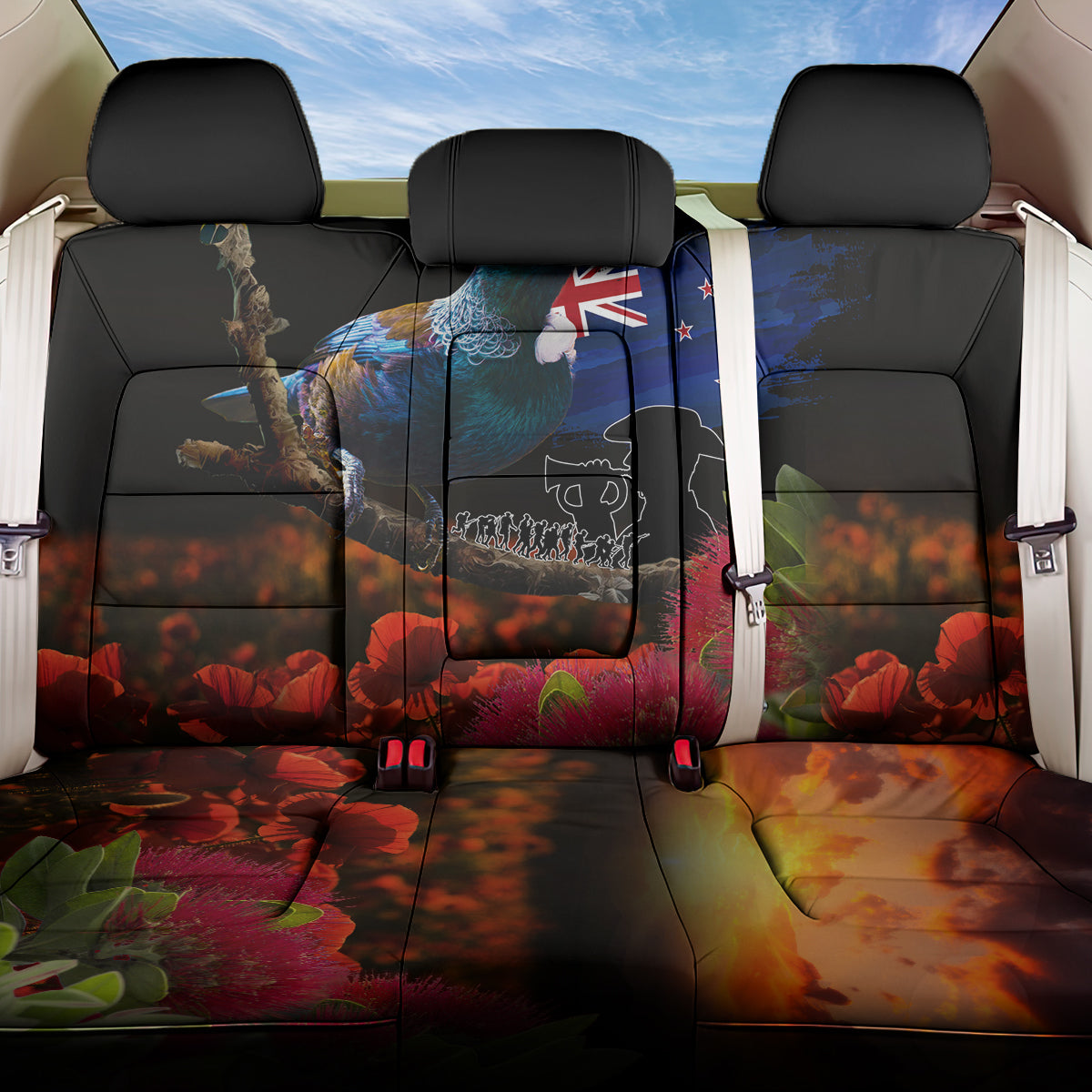 New Zealand ANZAC Day Back Car Seat Cover Pohutukawa Flower and Tui Bird LT03 One Size Black - Polynesian Pride