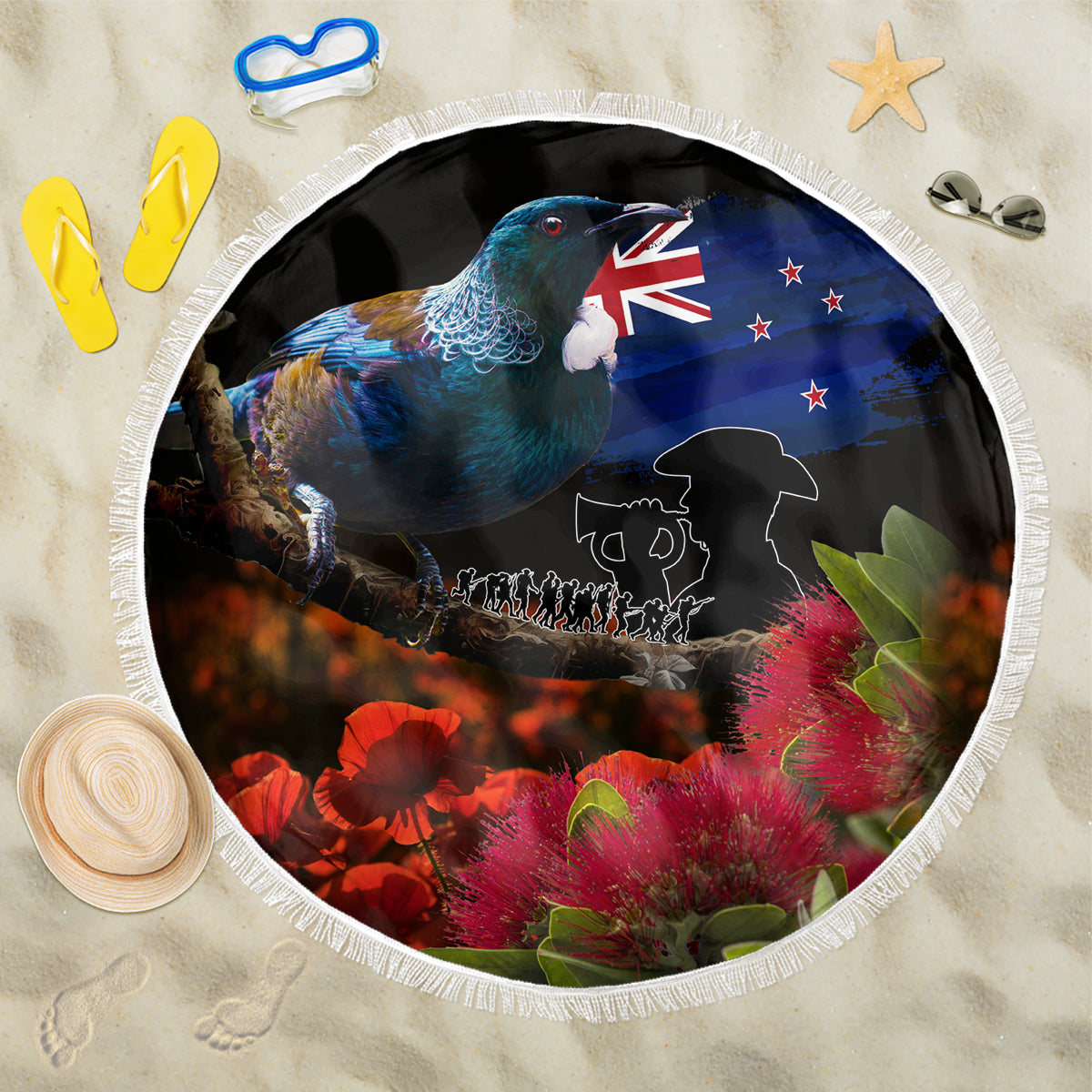New Zealand ANZAC Day Beach Blanket Pohutukawa Flower and Tui Bird LT03 One Size 150cm Black - Polynesian Pride