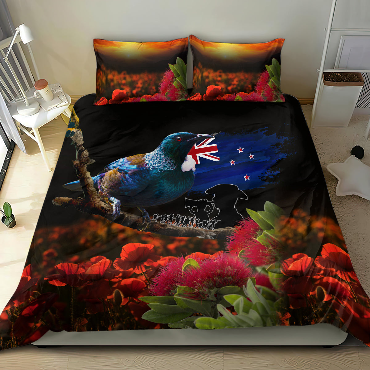 New Zealand ANZAC Day Bedding Set Pohutukawa Flower and Tui Bird LT03 - Polynesian Pride