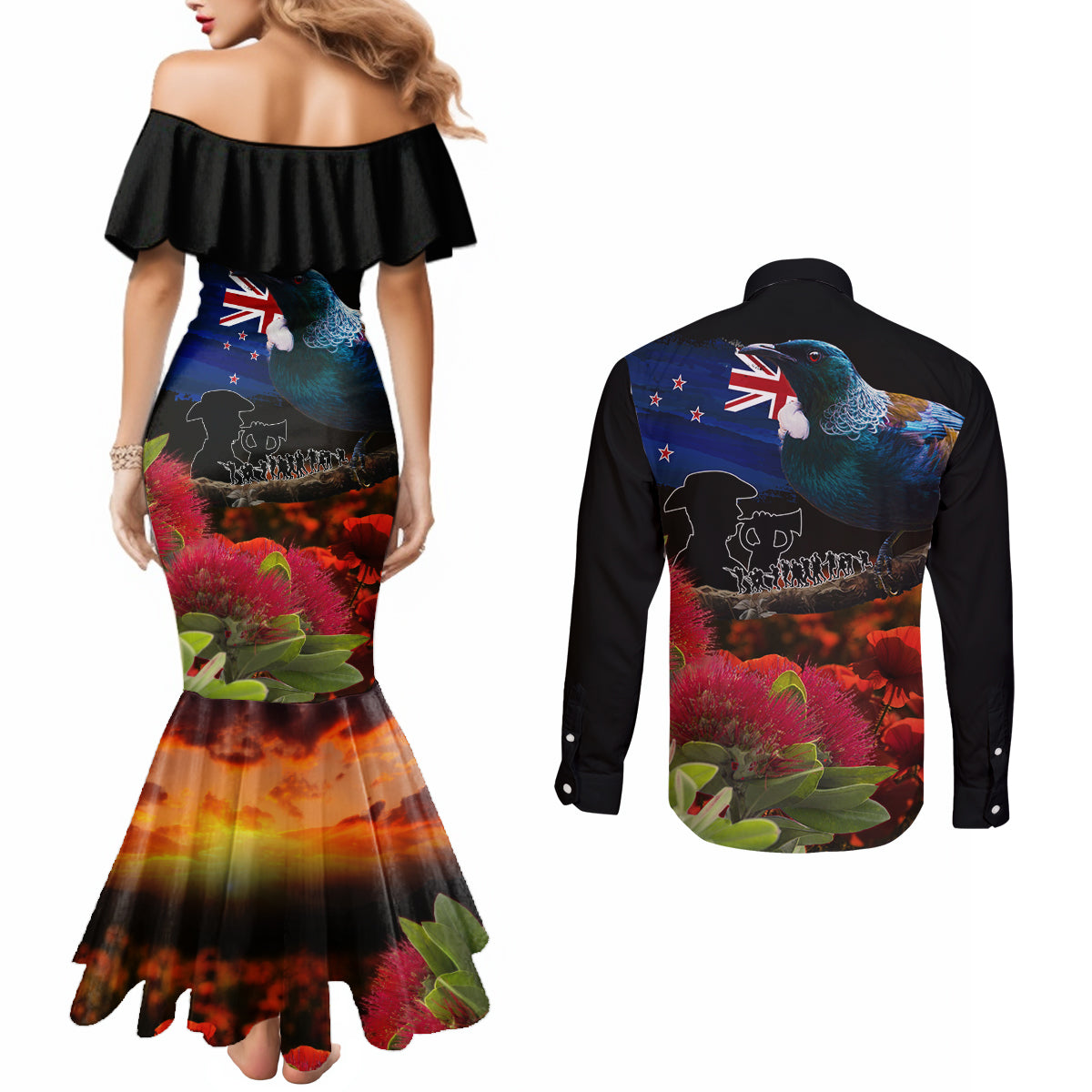 New Zealand ANZAC Day Couples Matching Mermaid Dress and Long Sleeve Button Shirt Pohutukawa Flower and Tui Bird LT03 - Polynesian Pride