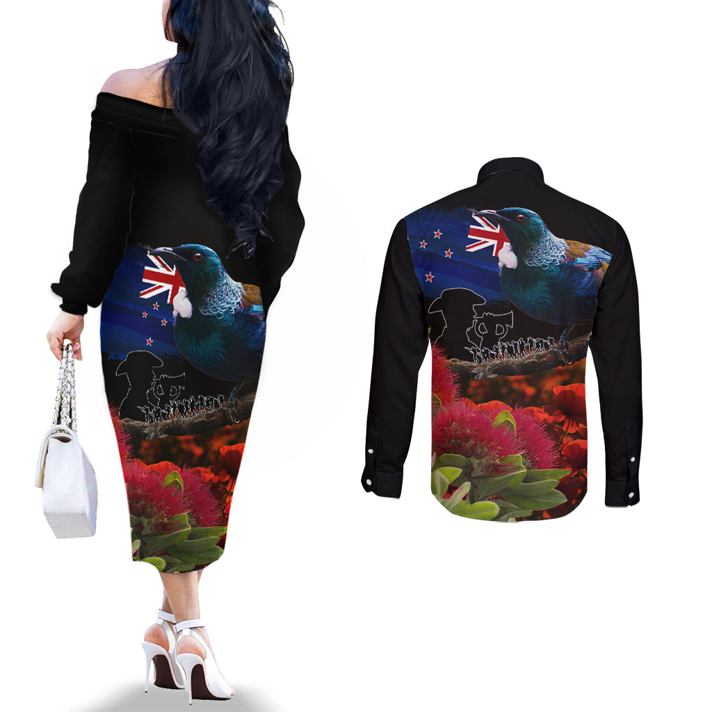 New Zealand ANZAC Day Couples Matching Off The Shoulder Long Sleeve Dress and Long Sleeve Button Shirt Pohutukawa Flower and Tui Bird LT03 - Polynesian Pride