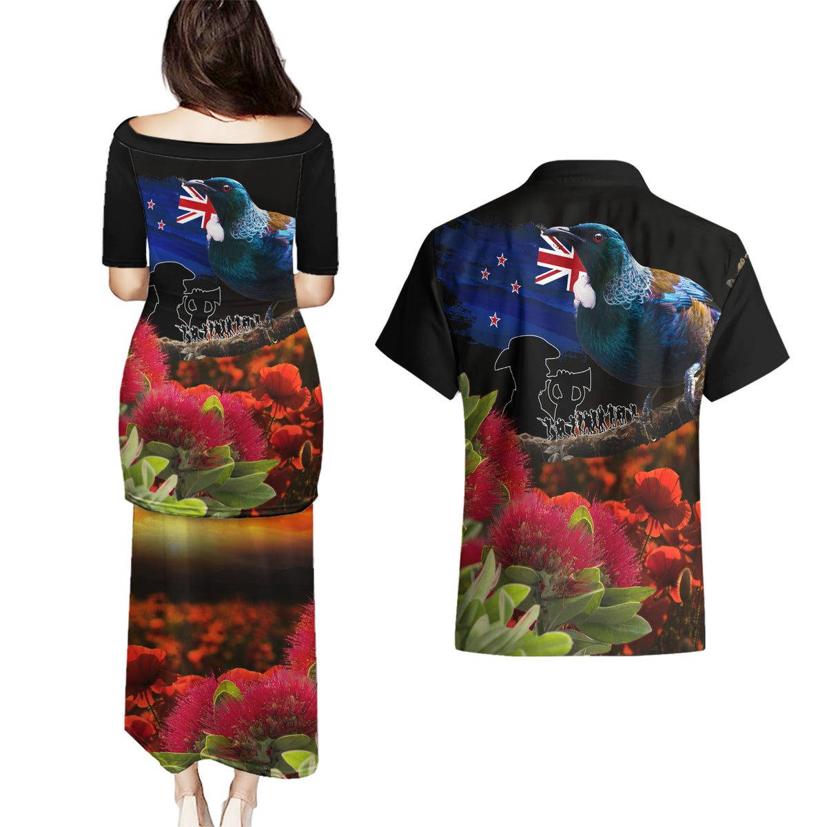 New Zealand ANZAC Day Couples Matching Puletasi and Hawaiian Shirt Pohutukawa Flower and Tui Bird LT03 - Polynesian Pride