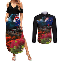 New Zealand ANZAC Day Couples Matching Summer Maxi Dress and Long Sleeve Button Shirt Pohutukawa Flower and Tui Bird LT03 Black - Polynesian Pride