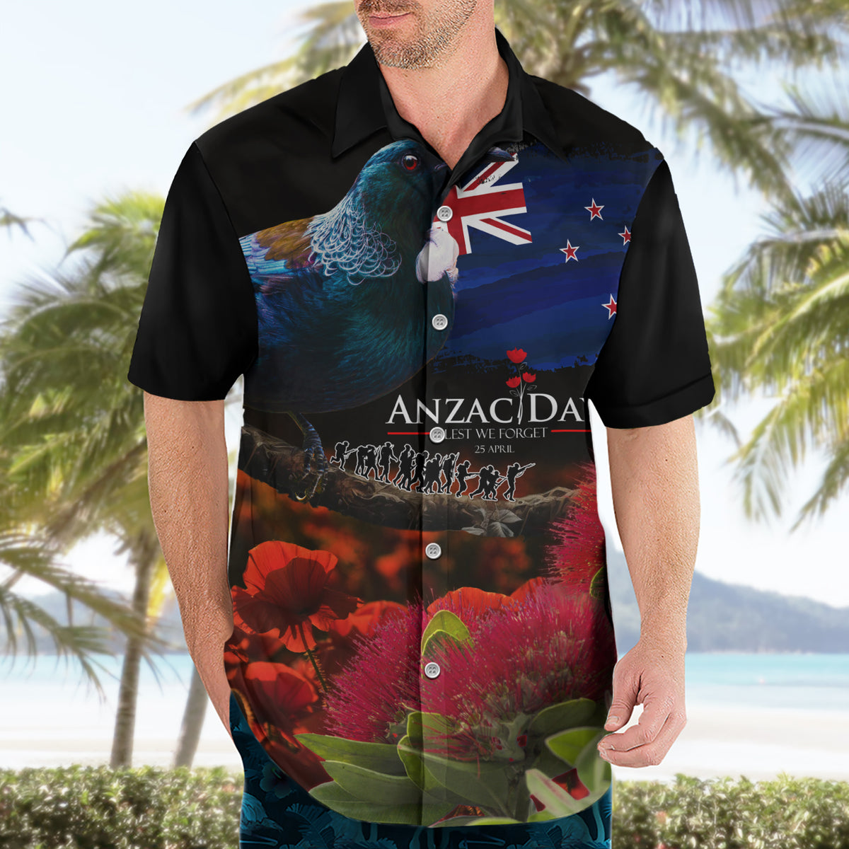 New Zealand ANZAC Day Hawaiian Shirt Pohutukawa Flower and Tui Bird LT03 - Polynesian Pride