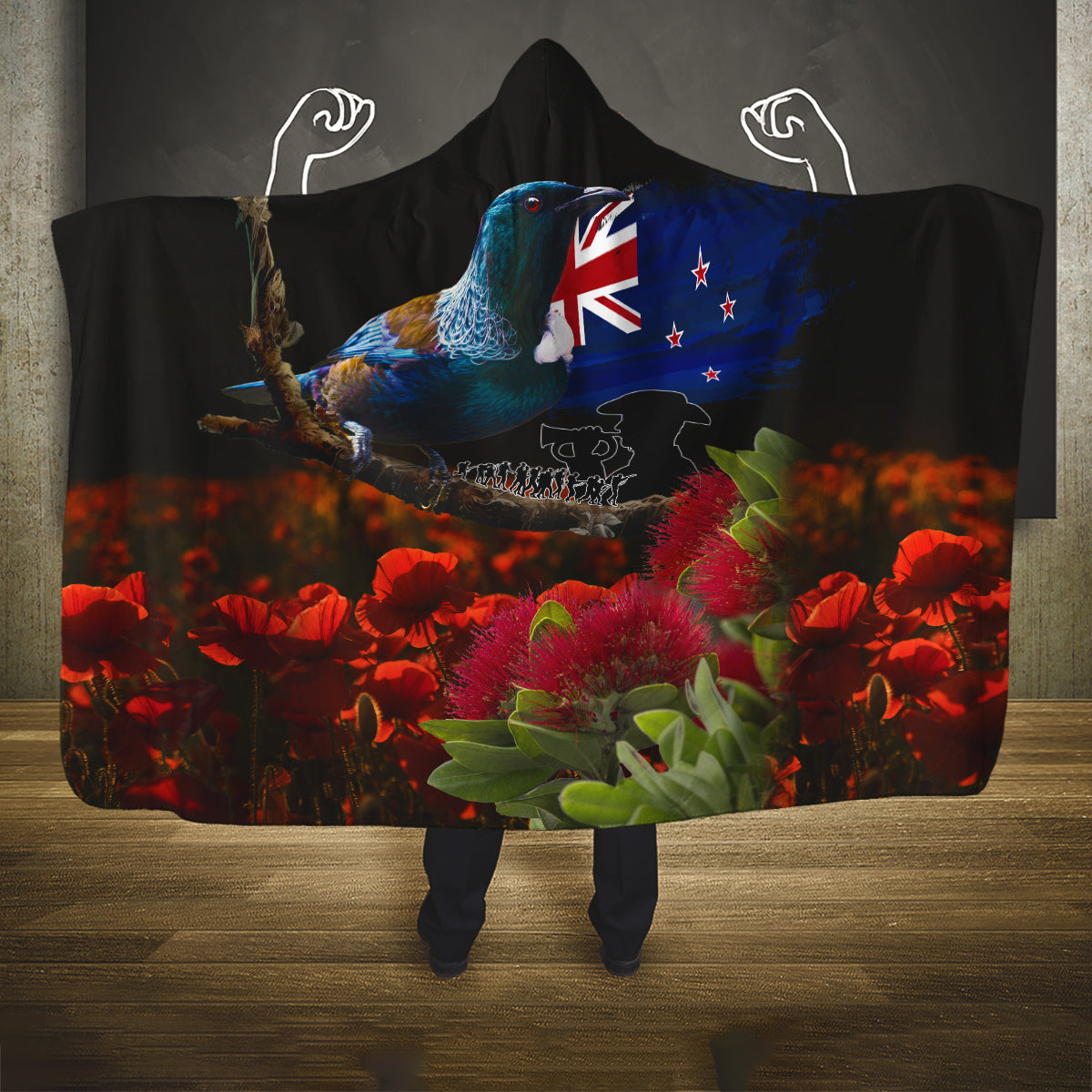 New Zealand ANZAC Day Hooded Blanket Pohutukawa Flower and Tui Bird LT03 One Size Black - Polynesian Pride
