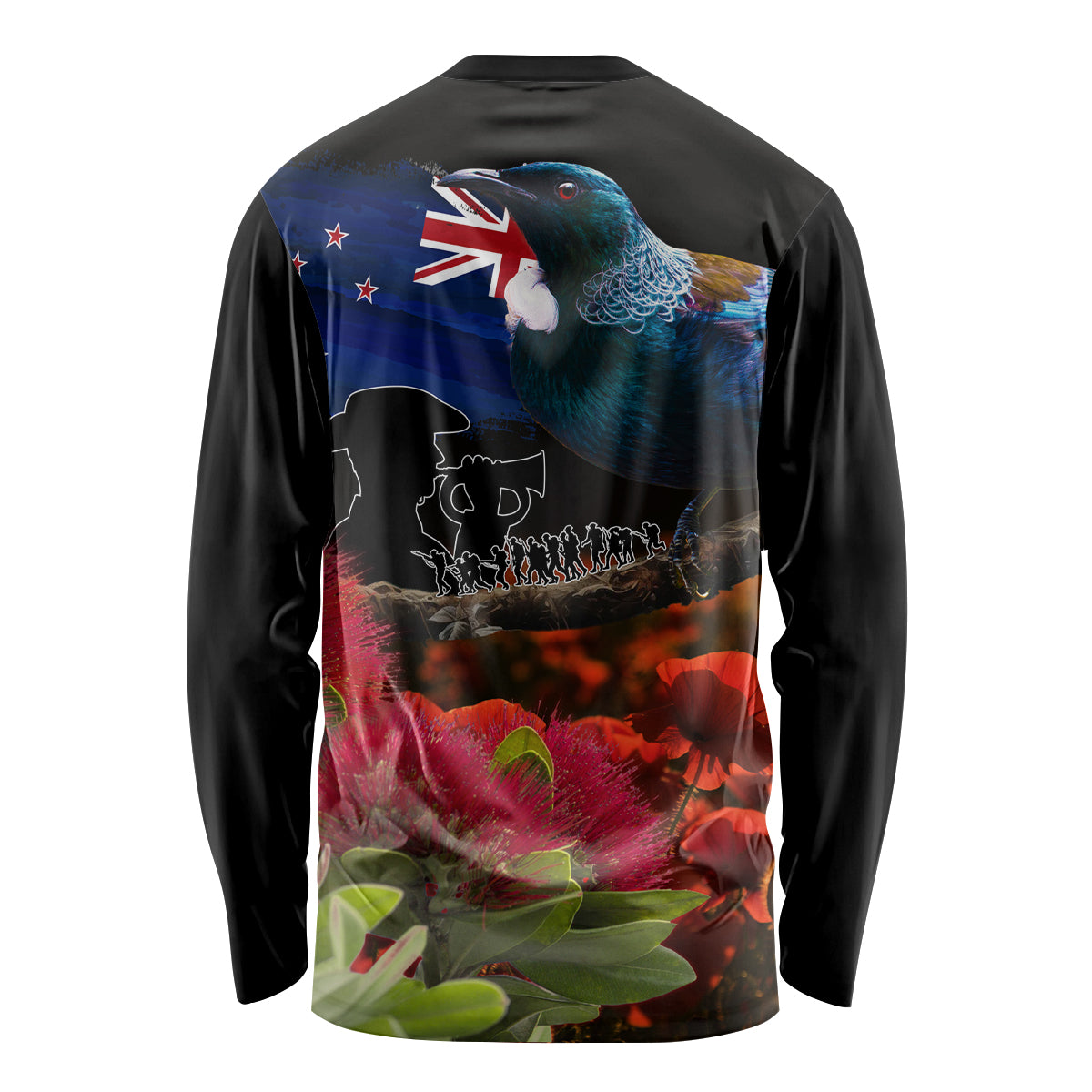 New Zealand ANZAC Day Long Sleeve Shirt Pohutukawa Flower and Tui Bird LT03 - Polynesian Pride