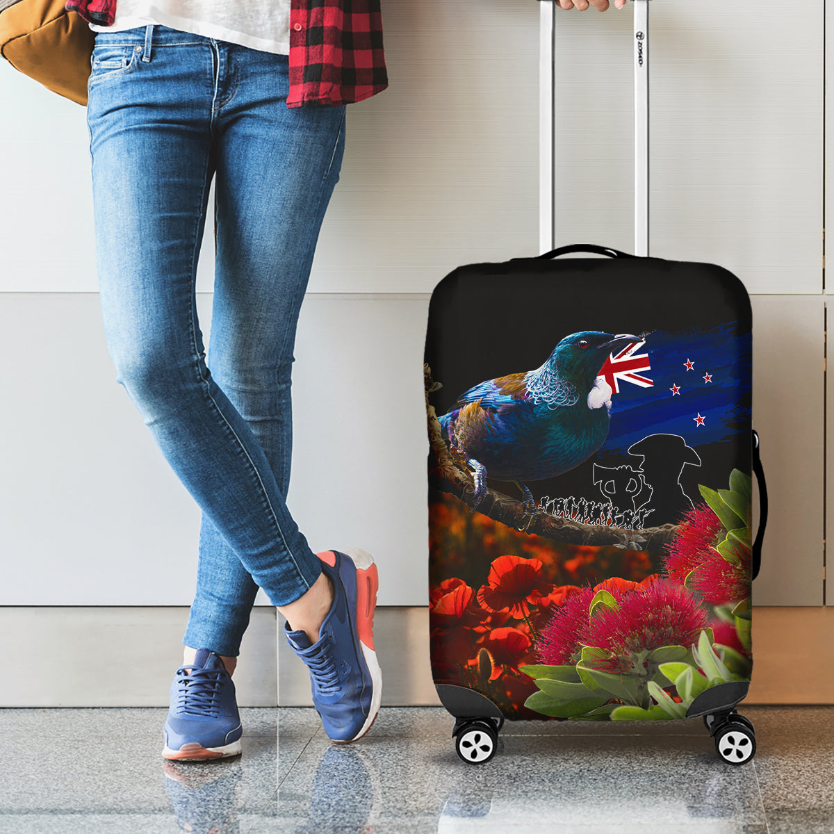 New Zealand ANZAC Day Luggage Cover Pohutukawa Flower and Tui Bird LT03 - Polynesian Pride
