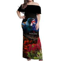 New Zealand ANZAC Day Off Shoulder Maxi Dress Pohutukawa Flower and Tui Bird LT03 Women Black - Polynesian Pride