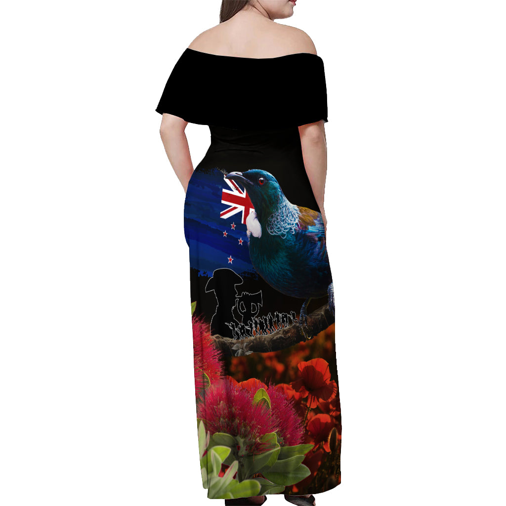 New Zealand ANZAC Day Off Shoulder Maxi Dress Pohutukawa Flower and Tui Bird LT03 - Polynesian Pride