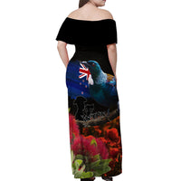 New Zealand ANZAC Day Off Shoulder Maxi Dress Pohutukawa Flower and Tui Bird LT03 - Polynesian Pride