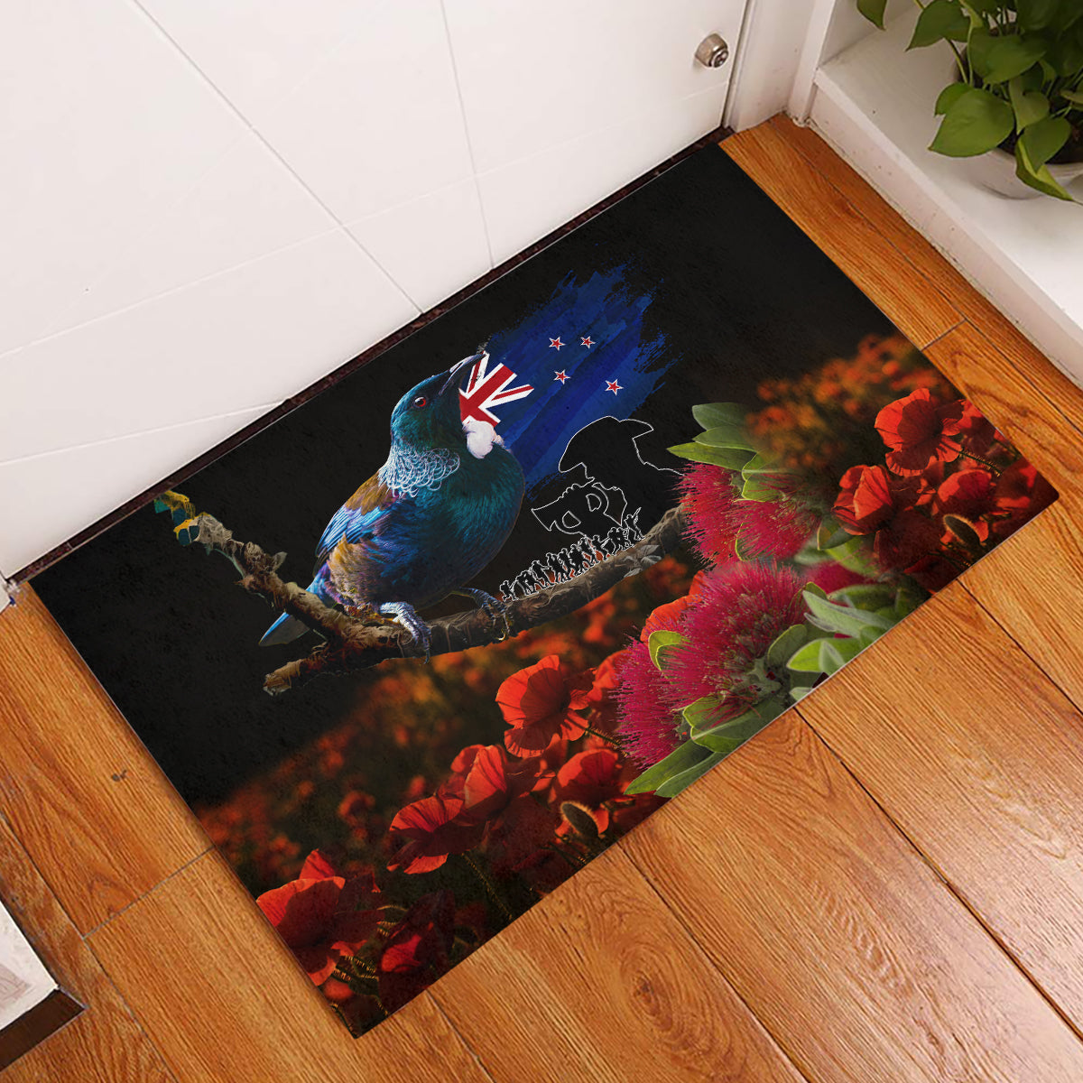 New Zealand ANZAC Day Rubber Doormat Pohutukawa Flower and Tui Bird LT03 Black - Polynesian Pride