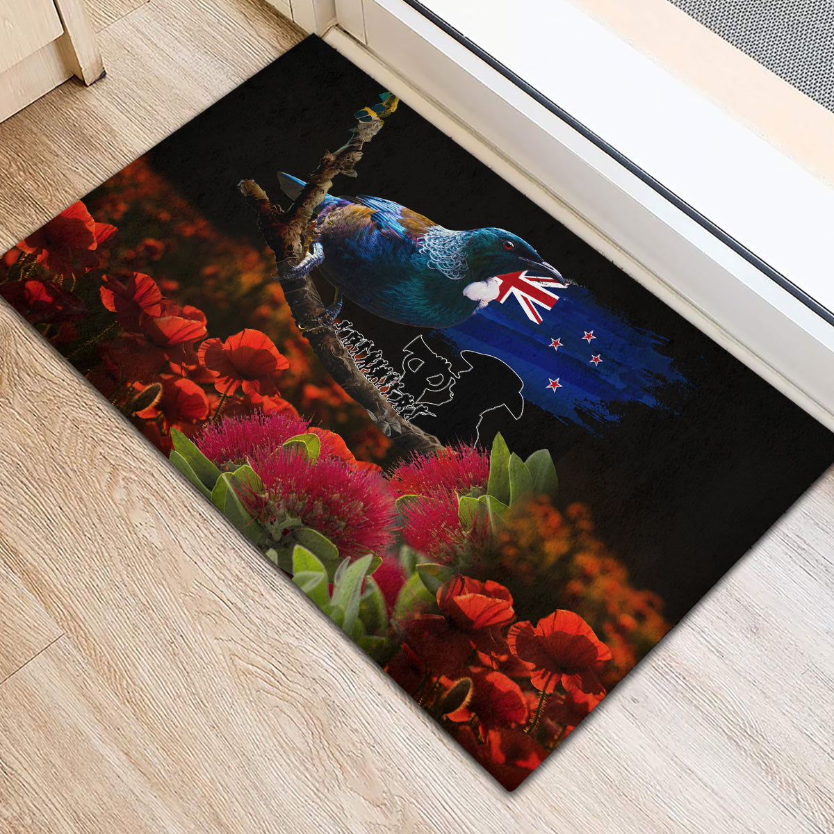 New Zealand ANZAC Day Rubber Doormat Pohutukawa Flower and Tui Bird LT03 - Polynesian Pride
