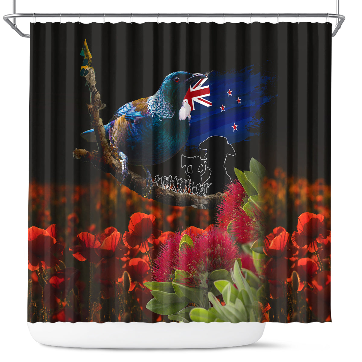 New Zealand ANZAC Day Shower Curtain Pohutukawa Flower and Tui Bird LT03 Black - Polynesian Pride