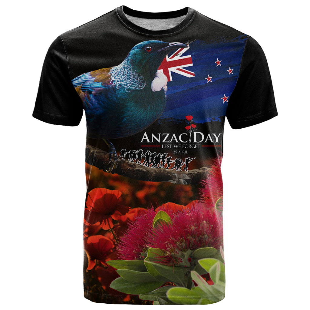 New Zealand ANZAC Day T Shirt Pohutukawa Flower and Tui Bird LT03 Black - Polynesian Pride