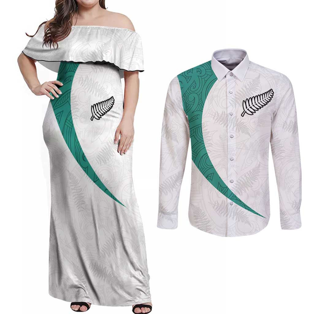 Custom New Zealand Football Couples Matching Off Shoulder Maxi Dress and Long Sleeve Button Shirt Go All Silver Ferns - Towards World Cup 2026