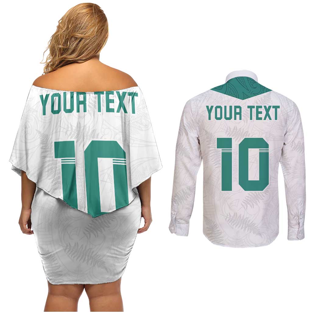 Custom New Zealand Football Couples Matching Off Shoulder Short Dress and Long Sleeve Button Shirt Go All Silver Ferns - Towards World Cup 2026