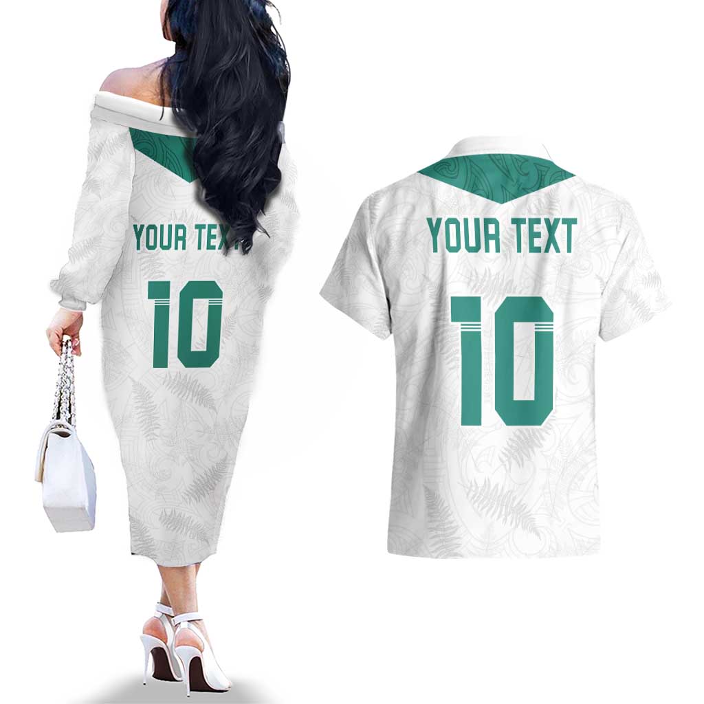 Custom New Zealand Football Couples Matching Off The Shoulder Long Sleeve Dress and Hawaiian Shirt Go All Silver Ferns - Towards World Cup 2026