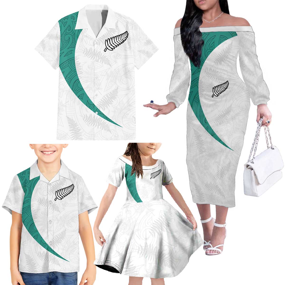 Custom New Zealand Football Family Matching Off The Shoulder Long Sleeve Dress and Hawaiian Shirt Go All Silver Ferns - Towards World Cup 2026