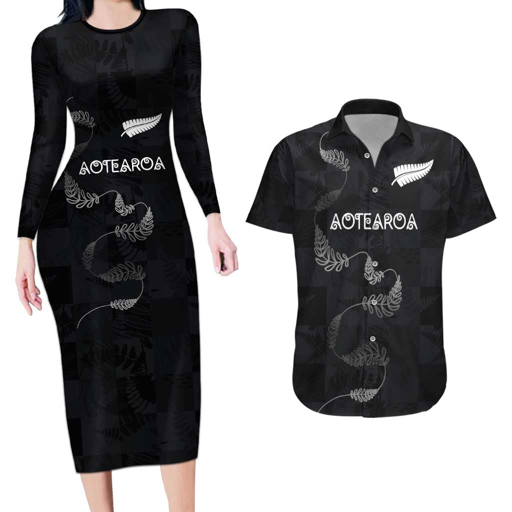 Custom New Zealand Rugby Couples Matching Long Sleeve Bodycon Dress and Hawaiian Shirt All Silver Ferns Blacks