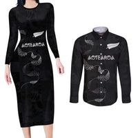Custom New Zealand Rugby Couples Matching Long Sleeve Bodycon Dress and Long Sleeve Button Shirt All Silver Ferns Blacks