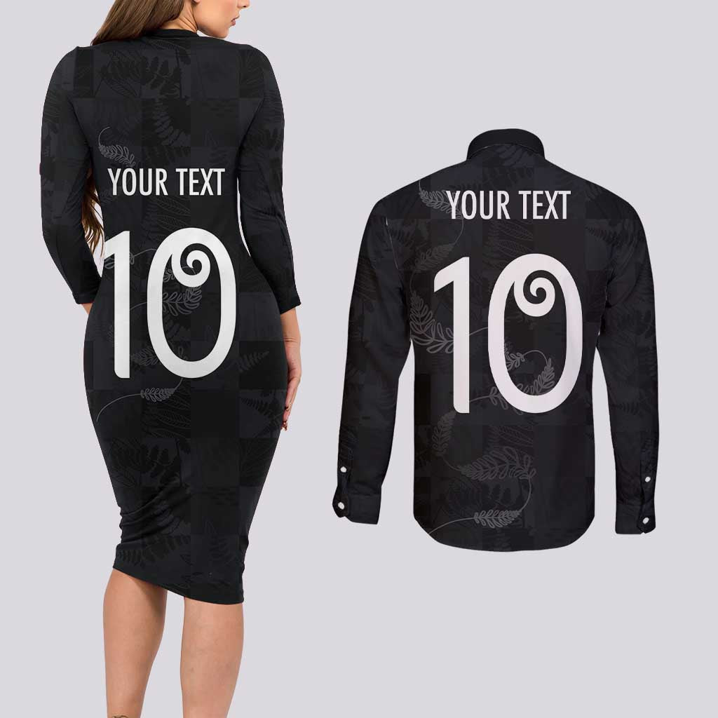 Custom New Zealand Rugby Couples Matching Long Sleeve Bodycon Dress and Long Sleeve Button Shirt All Silver Ferns Blacks