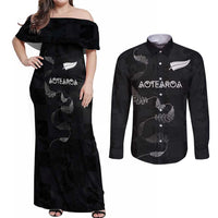 Custom New Zealand Rugby Couples Matching Off Shoulder Maxi Dress and Long Sleeve Button Shirt All Silver Ferns Blacks