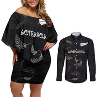 Custom New Zealand Rugby Couples Matching Off Shoulder Short Dress and Long Sleeve Button Shirt All Silver Ferns Blacks