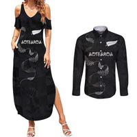 Custom New Zealand Rugby Couples Matching Summer Maxi Dress and Long Sleeve Button Shirt All Silver Ferns Blacks