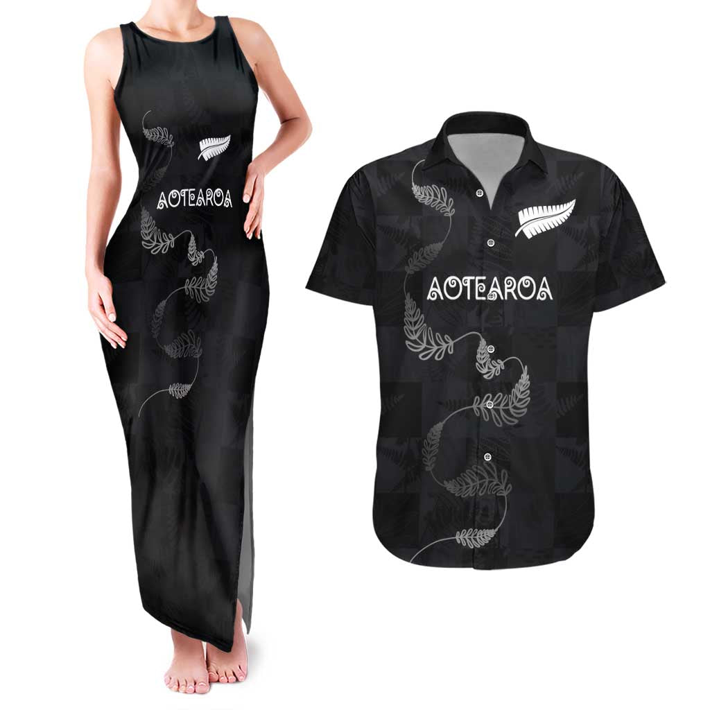 Custom New Zealand Rugby Couples Matching Tank Maxi Dress and Hawaiian Shirt All Silver Ferns Blacks